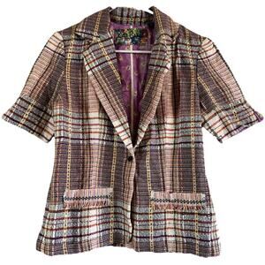Robert Graham Short Sleeve Plaid Blazer Single Button Floral Lined Tan 10 NWOT